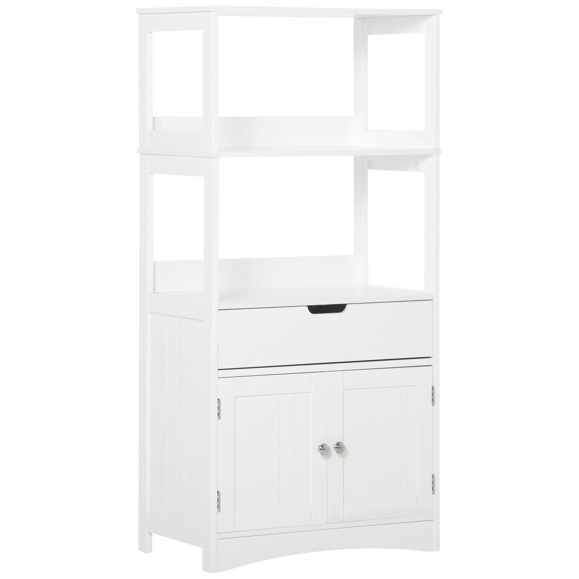 Meuble de rangement salle de bain - 2 portes, tiroir, 3 étagères - dim. 60L x 33l x 122H cm - MDF blanc