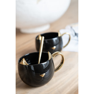 J-Line tasse Chat - porcelaine - noir/or - boîte cadeau de 2