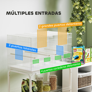 Jaula para Pájaros con Divisor Pajarera con Ruedas 4 Comederos 4 Perchas y Bandeja Extraíble Jaula para Loros Canarios Periquitos 76x46x116 cm Blanco