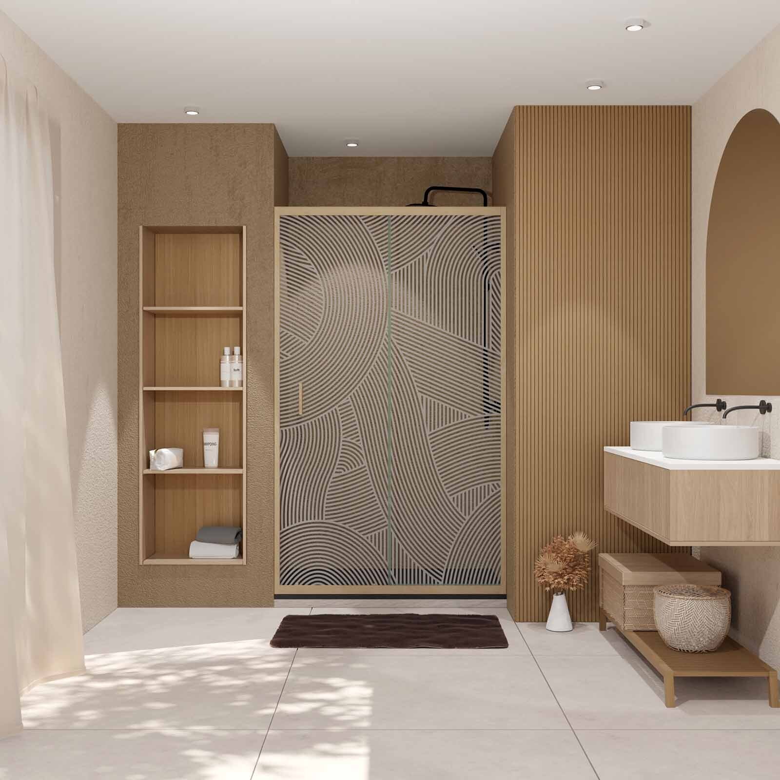 Porte de douche 120 coulissante HINATA - style Japandi courbes douces - Cadre effet Bois - Verre 6mm