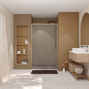 Porte de douche 120 coulissante HINATA - style Japandi courbes douces - Cadre effet Bois - Verre 6mm