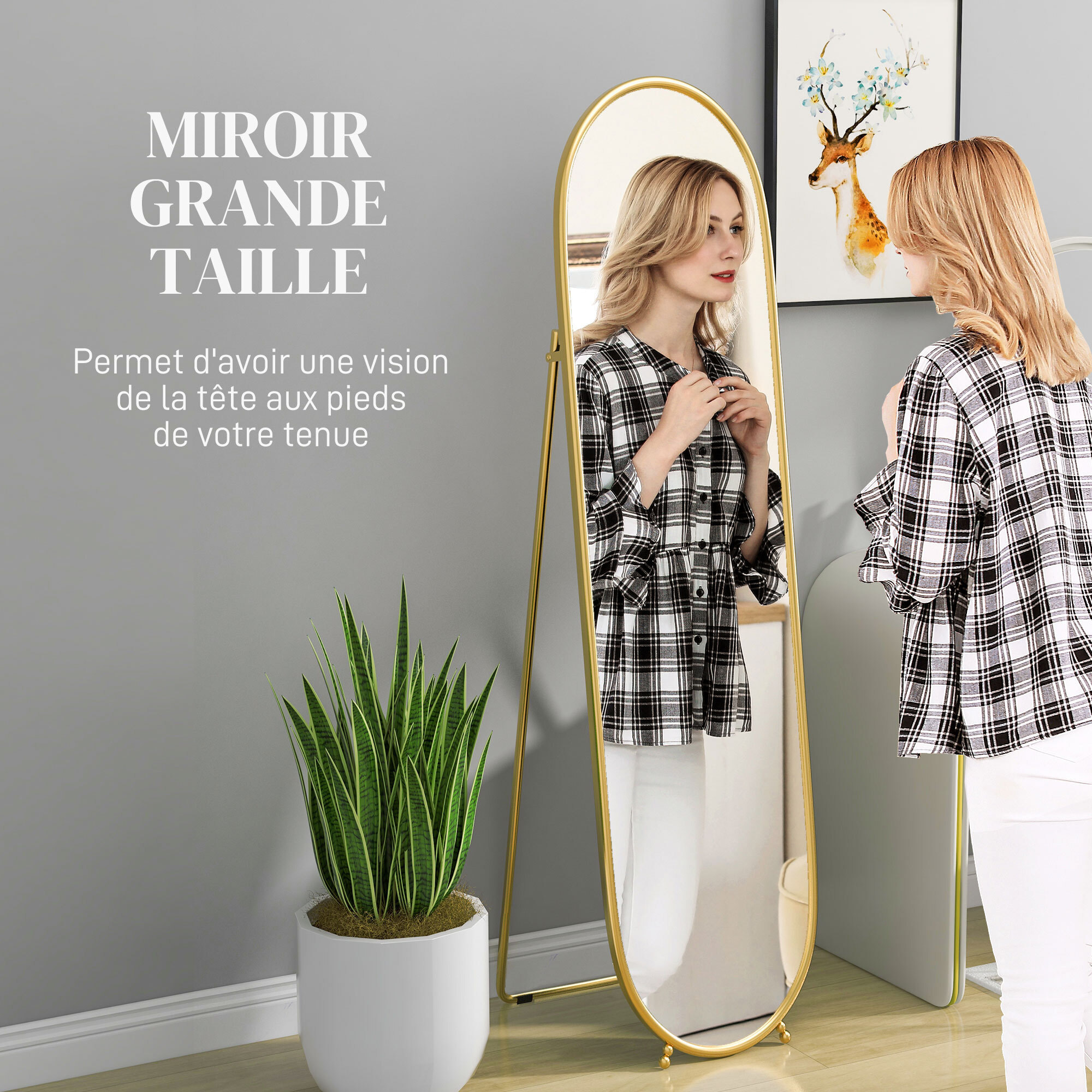 Grand miroir sur pied - miroir mural ovale avec support - dim. 40L x 160H cm - métal doré