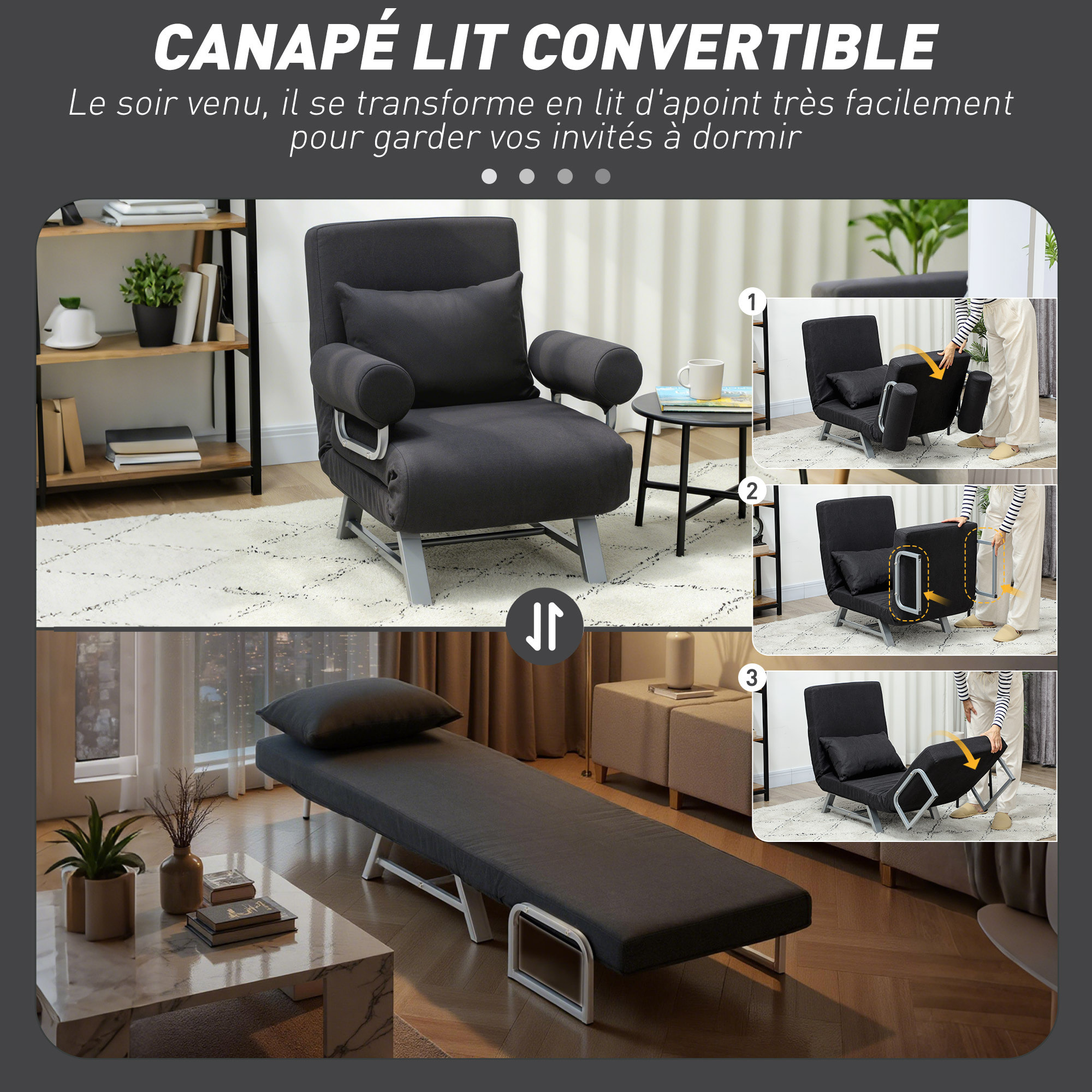 Fauteuil chauffeuse canapé-lit convertible inclinable 1 place grand confort coussin lombaires accoudoirs piètement métal lin noir