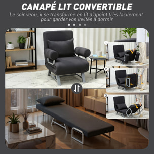 Fauteuil chauffeuse canapé-lit convertible inclinable 1 place grand confort coussin lombaires accoudoirs piètement métal lin noir