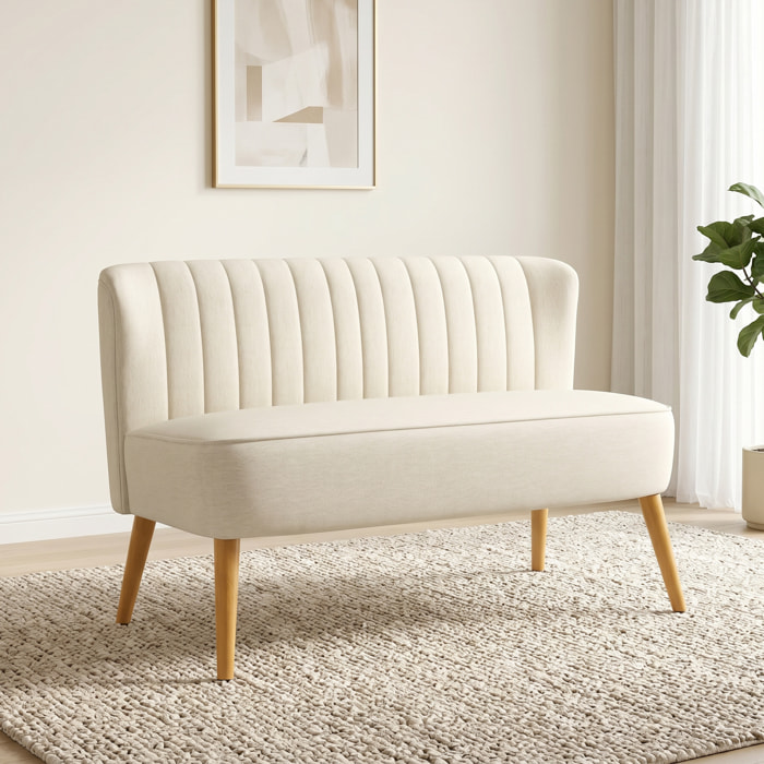 Sofá de 2 Plazas Tapizado en Lino Sintético, Sofá Moderno con Asiento y Respaldo Acolchados, Patas de Madera de Caucho, Carga 220 kg para Dormitorio, Salón, Espacios Pequeños, Blanco Crema