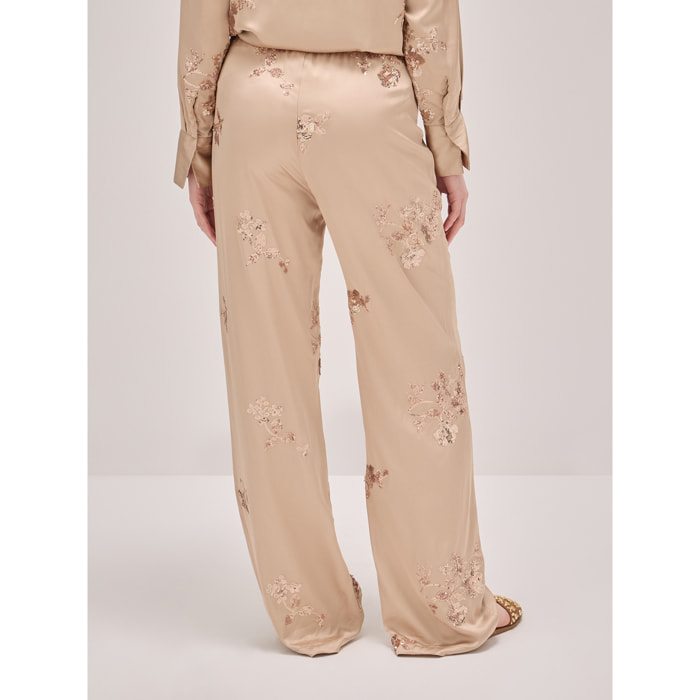 Oltre - Pantaloni in raso con ricami in paillettes - Beige