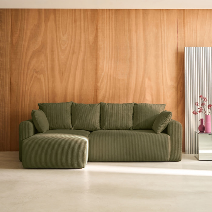 Canapé d'angle convertible réversible 3 places velours côtelé kaki avec coffre de rangement - Almo