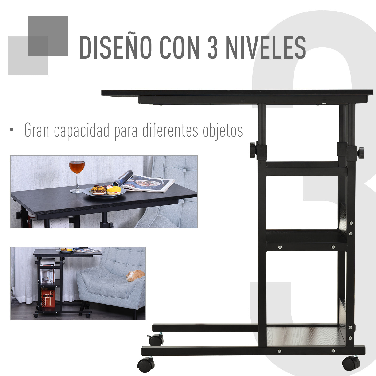 Mesa Auxiliar de Sofá con 4 Ruedas 80x40x75-85 cm Negro