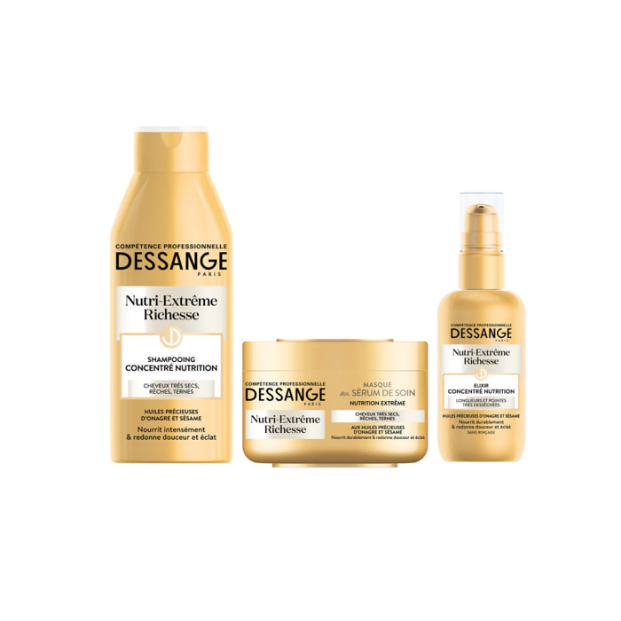 Dessange Nutri Extrême Richesse Routine Shampooing, Masque, Soin pour Cheveux Très Secs et Fragiles 250ml, 250ml, 100ml