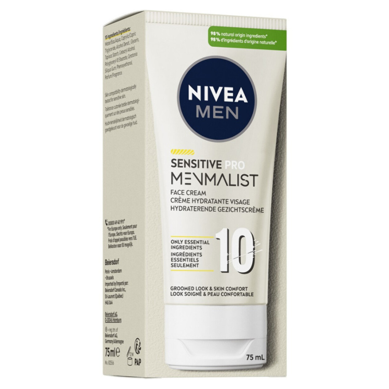 Pack de 2 - Crème hydratante visage homme NIVEA MEN peaux sensibles de 10 ingrédients seulement Sensitive Pro Menmalist 75ml