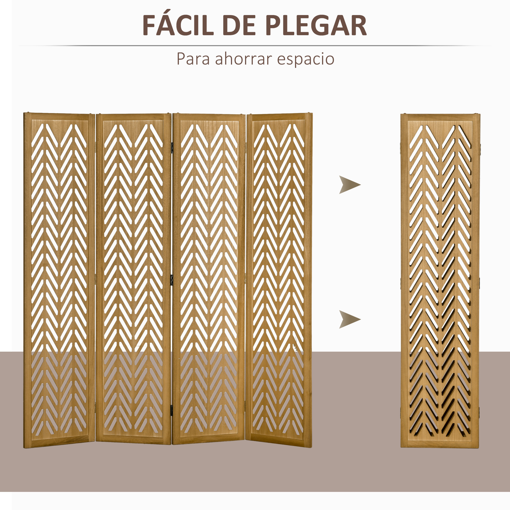 Biombo de 4 Paneles Separador de Ambientes Plegable 160x1,7x170 cm Divisor de Habitación de Madera con Patrones Geométricos para Oficina Dormitorio Natural