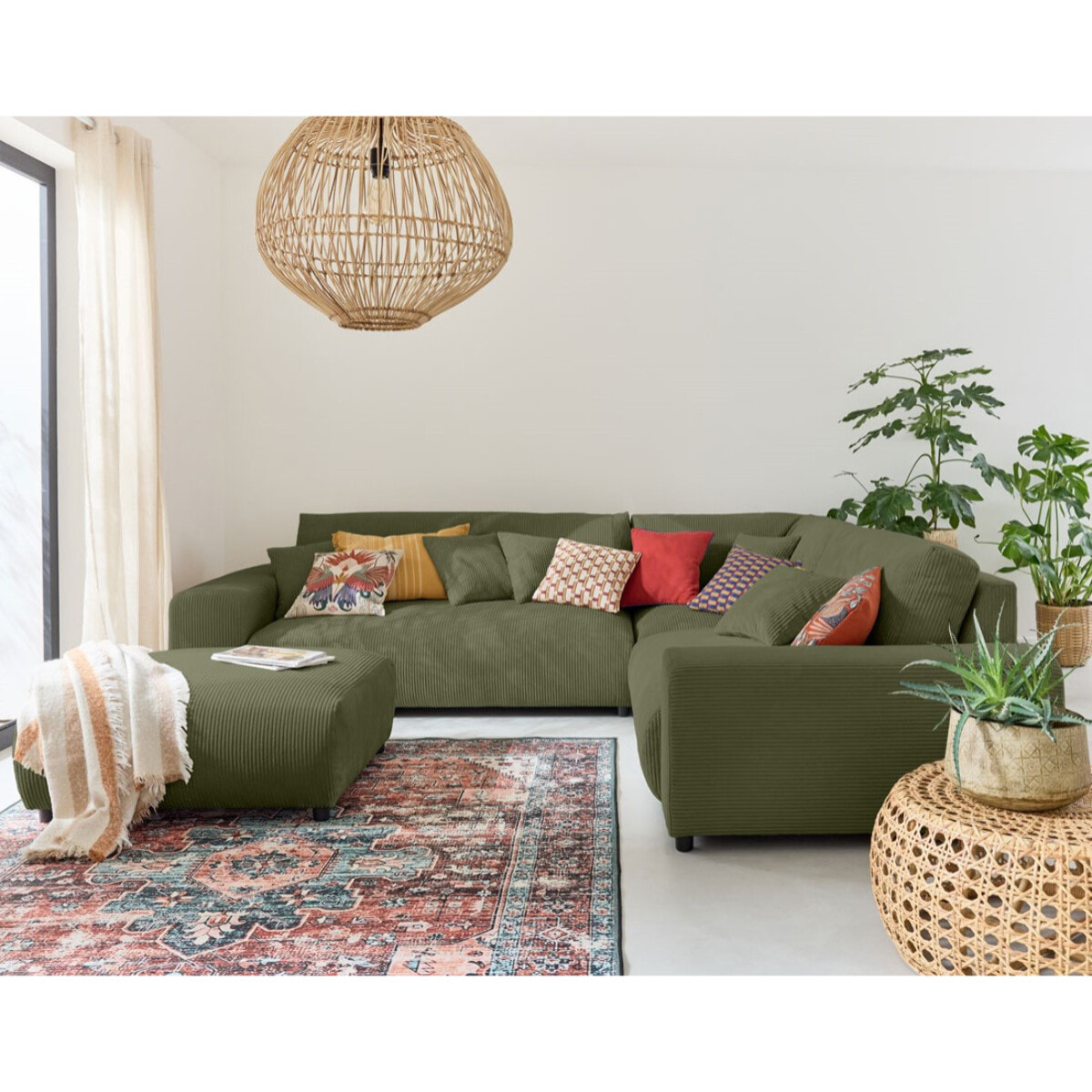 Garance - canapé modulable d'angle droit - 5 places - en velours côtelé - Vert