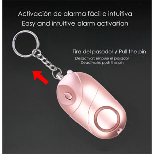 Allarme SOS personale con luce LED brillante e suono di 130dB. 3 batterie LR44 incluse e attivazione rapida tirando l'anello.