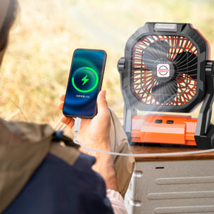 Ventilador P50 con motor sin escobillas, LED con 8 luces, 4 velocidades, 3 niveles de luz. Ángulo ajustable de 180º, gancho para colgar y powerbank de 7800 mAh.