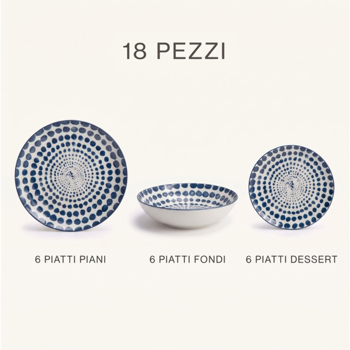 Servizio piatti 18 pezzi decoro concentrico in porcellana - Blu