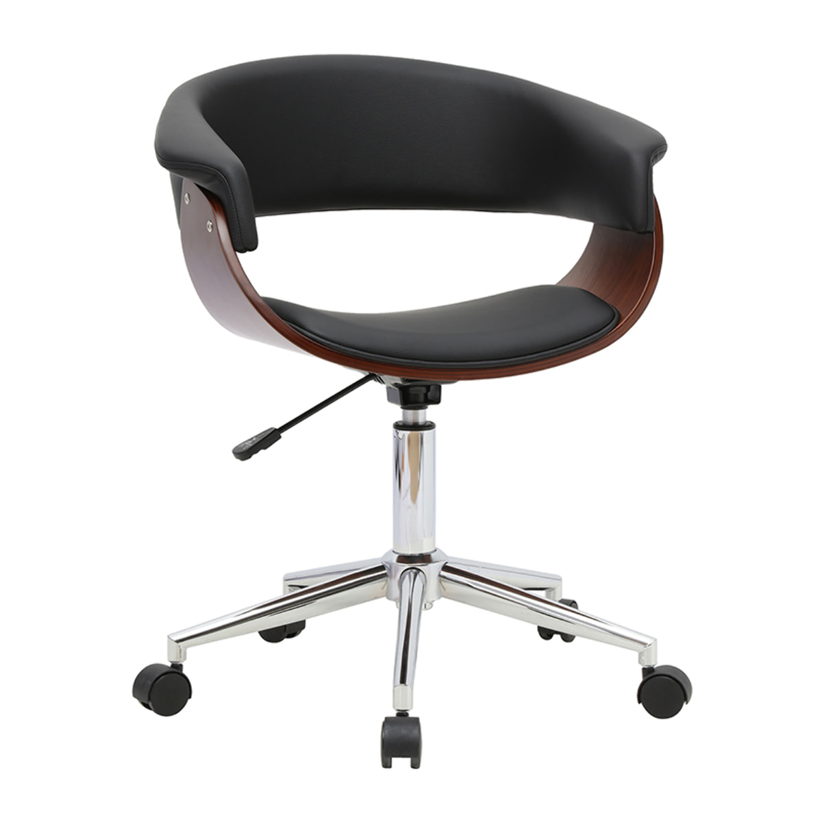 Chaise de bureau à roulettes design noire, bois foncé et acier chromé OKTAV