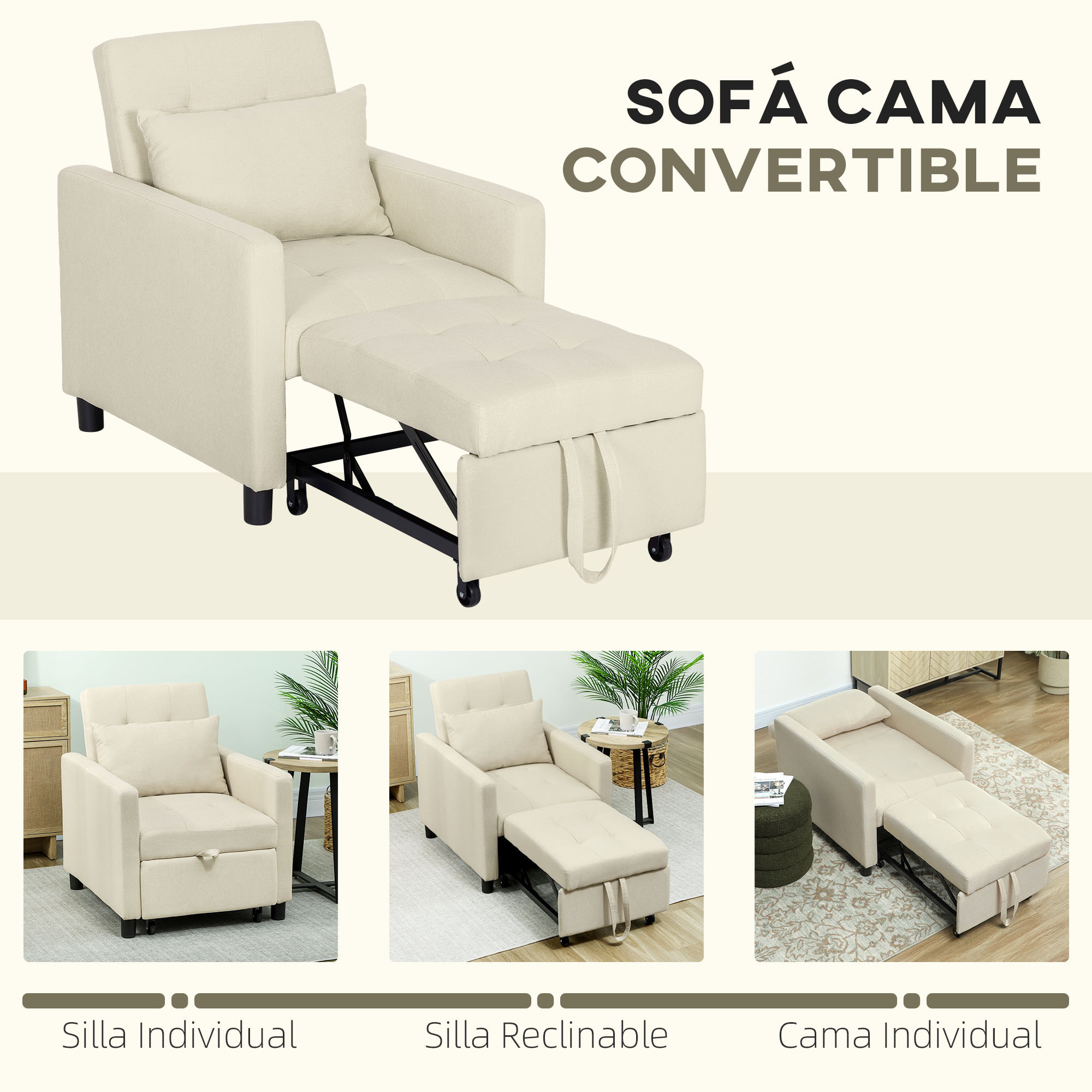 Sofá Cama de 1 Plaza 3 en 1, Sillón Cama Tapizado en Lino, con Respaldo Ajustable de 3 Niveles, Almohada Acolchada, para Oficina, Dormitorio, Salón, 69x82,5x84 cm, Beige