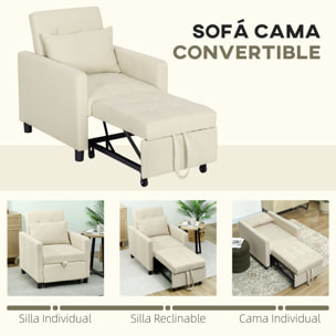 Sofá Cama de 1 Plaza 3 en 1, Sillón Cama Tapizado en Lino, con Respaldo Ajustable de 3 Niveles, Almohada Acolchada, para Oficina, Dormitorio, Salón, 69x82,5x84 cm, Beige