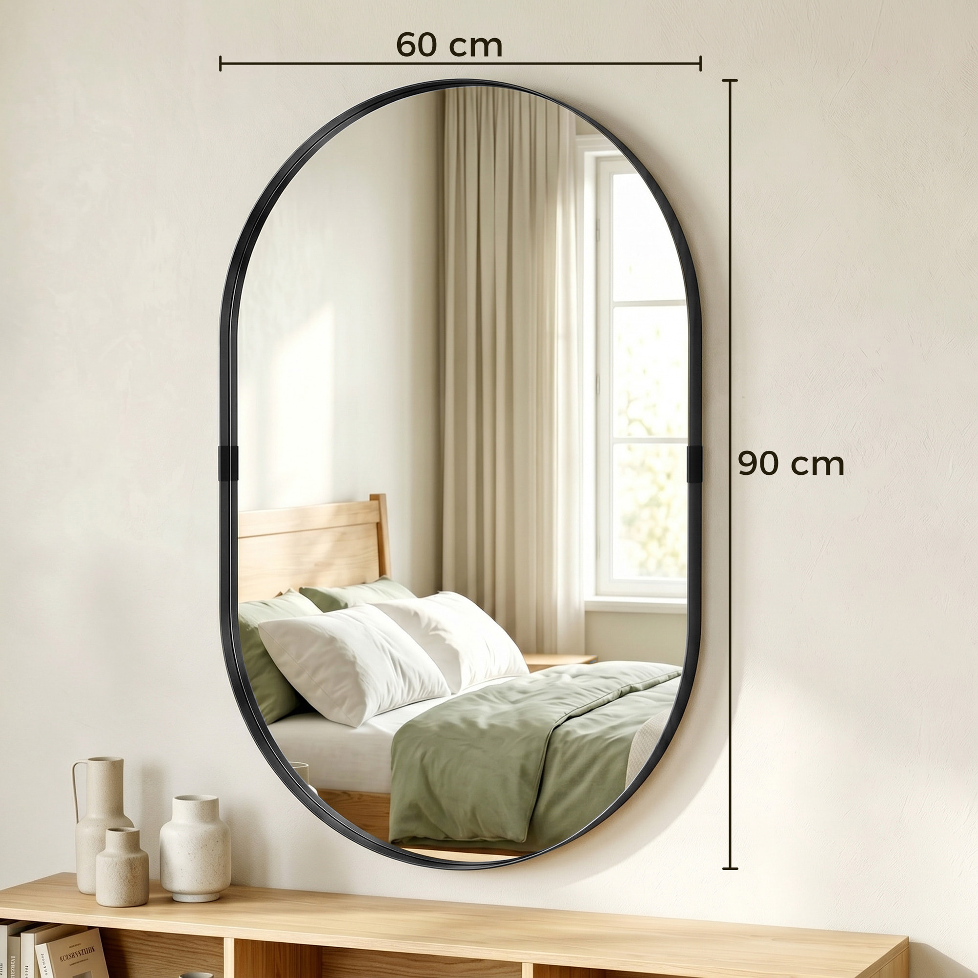 Miroir mural design ovale alu noir - 60 x 90 cm