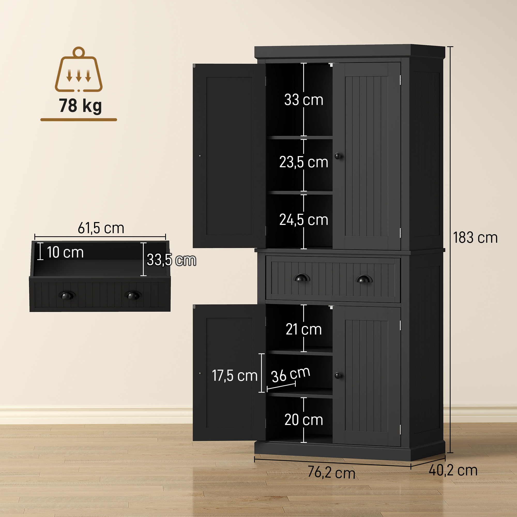 Buffet haut multi-rangement - 4 portes, grand tiroir - dim. 76L x 40l x 183H cm - noir