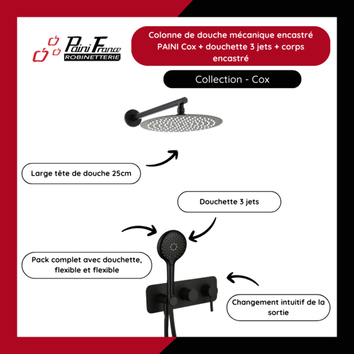 Colonne de douche mécanique encastré PAINI Cox epoxy Noir mat + douchette 3 jets + corps encastré