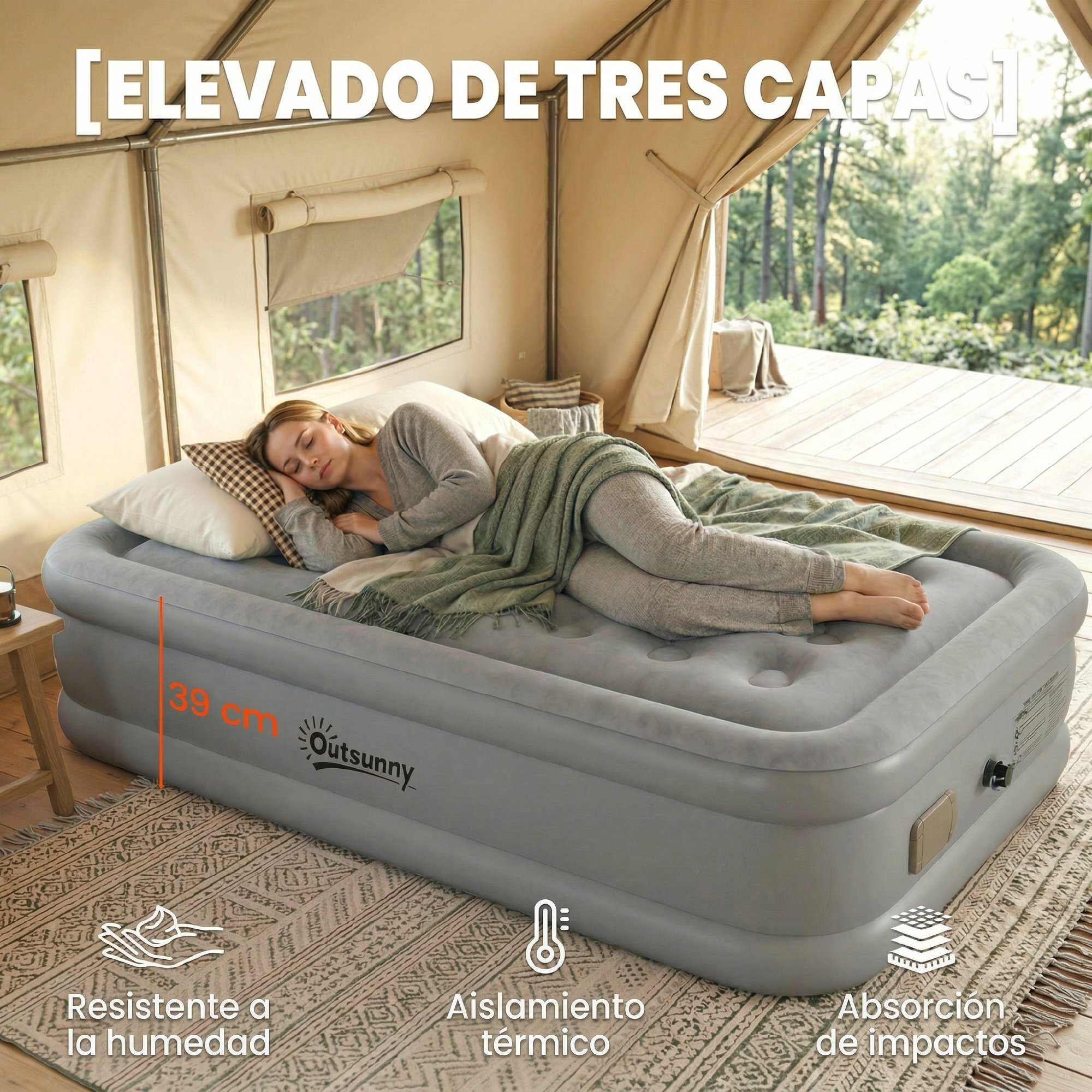 Colchón Hinchable Individual 190x97x39 cm con Bomba Integrada, Inflado 3 Min Desinflado 2 Min, Colchón Inflable Plegable Impermeable, Bolsa Transporte, Superficie Flocado, Carga 200 kg, Gris