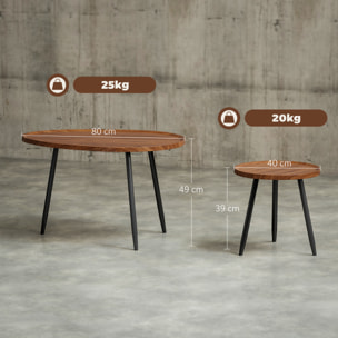 Lot de 2 tables basses gigognes design piètement effilé métal noir effet bois de noyer
