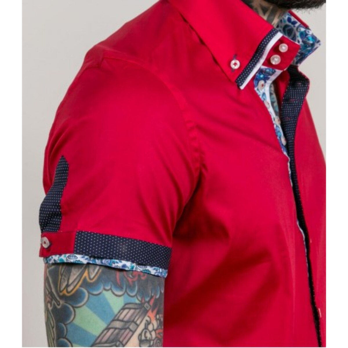 Camicia Uomo 2 Bottoni Button Down Triplo Collo Slim Popeline Stretch Unito Rosso
