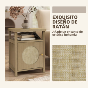 Mesita de Noche con Puerta de Ratán, Mesilla de Noche con Estante Abierto y Compartimento, Mesa Auxiliar para Dormitorio, Salón, 40x35x55 cm, Madera Natural