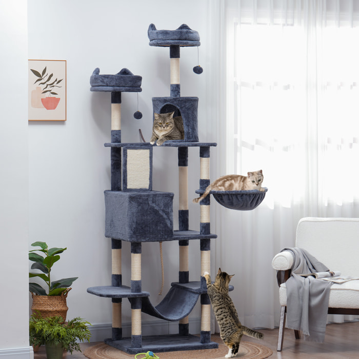 Arbre à chat grande taille H.206 cm équipement et accessoires multiples sisal naturel peluche gris