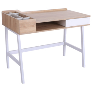 Bureau informatique multi-rangement style contemporain dim. 100L x 55l x 82H cm métal blanc MDF chêne clair