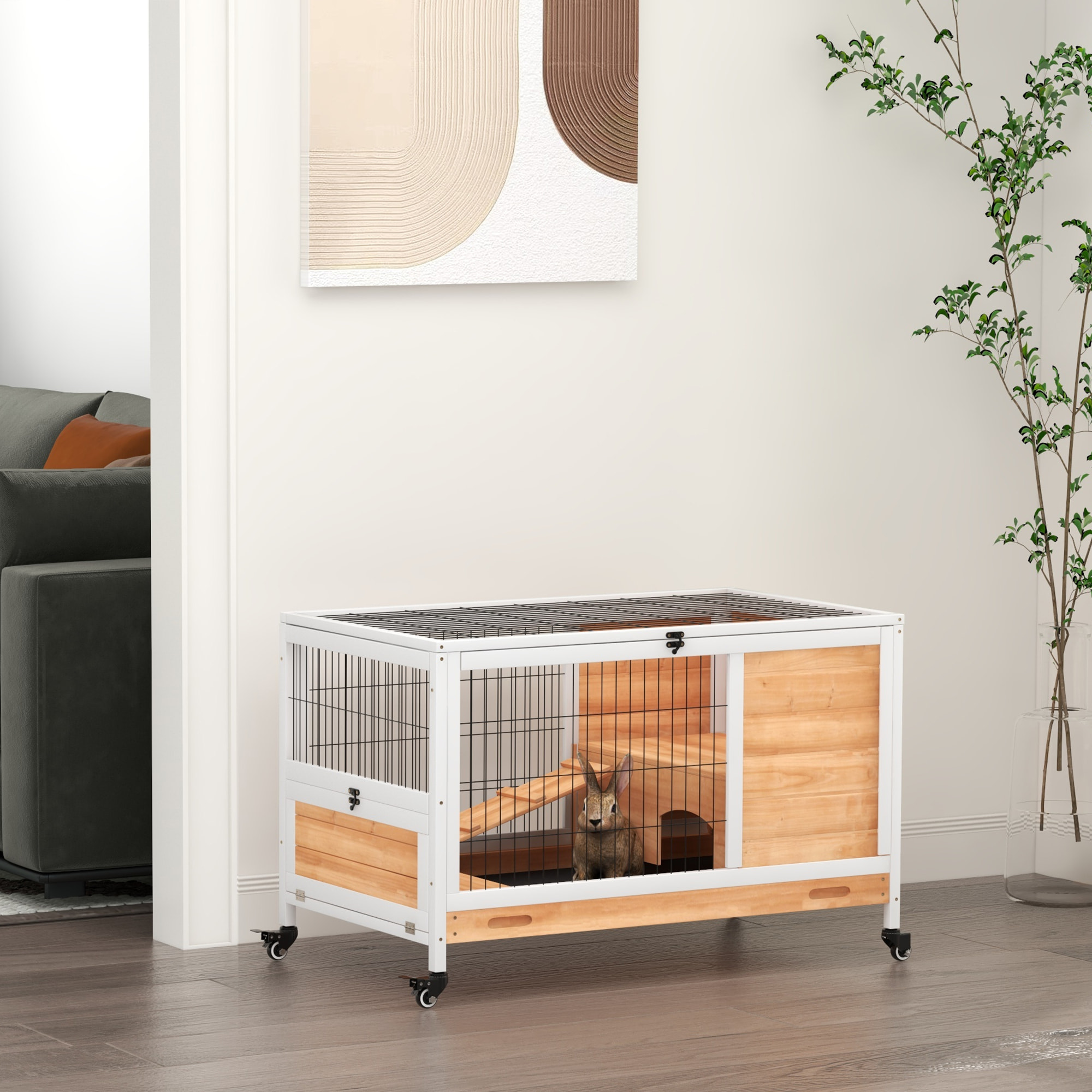 Clapier à lapin sur roulettes cage à lapin 2 étages porte verrouillable toit ouvrant plateau coulissant rampe bois de sapin orange blanc
