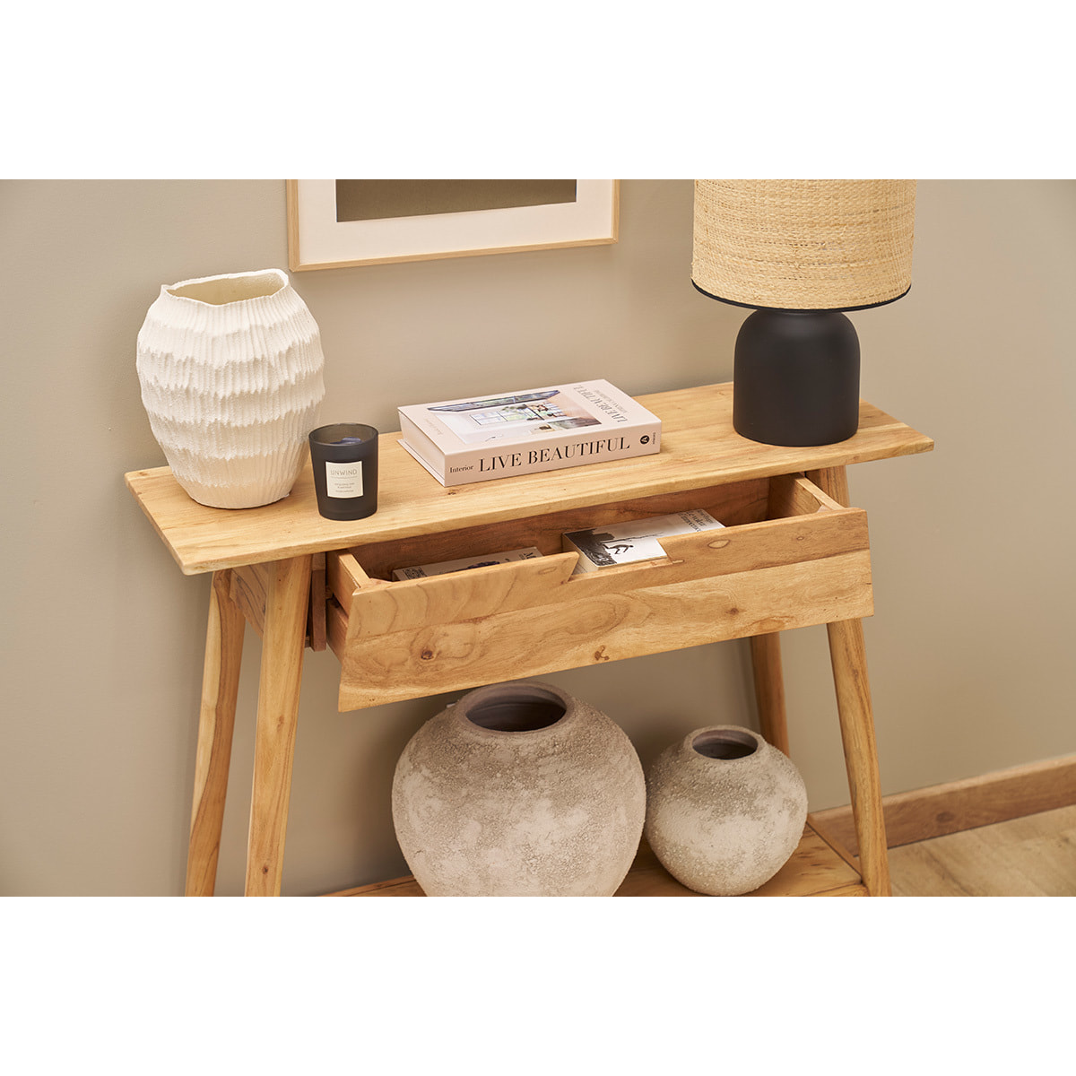 Console naturelle avec tiroir en bois massif L90 cm FRANKLIN