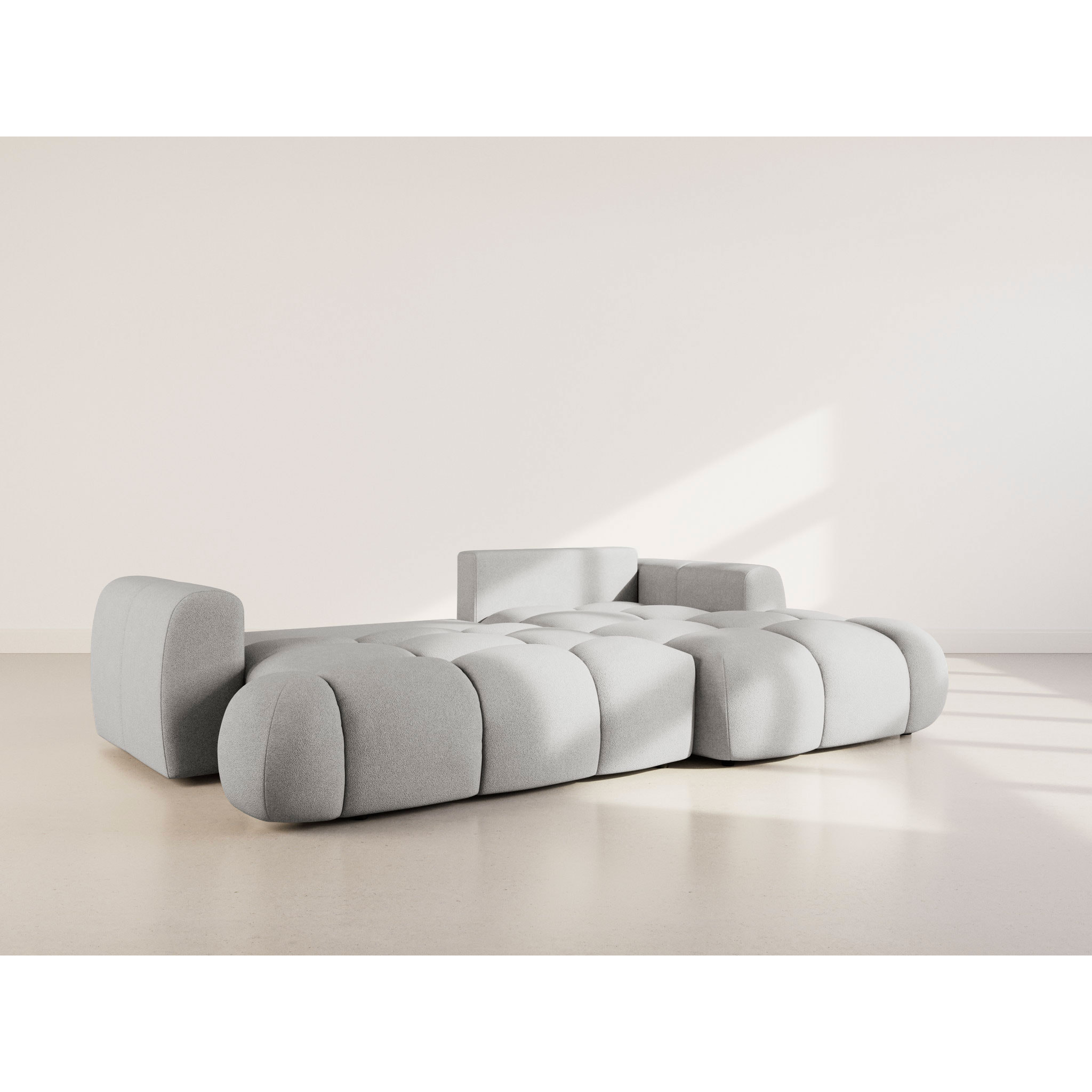 Yulin - Canapé d'angle droit 4 places convertible avec coffre en tissu bouclette - Gris clair
