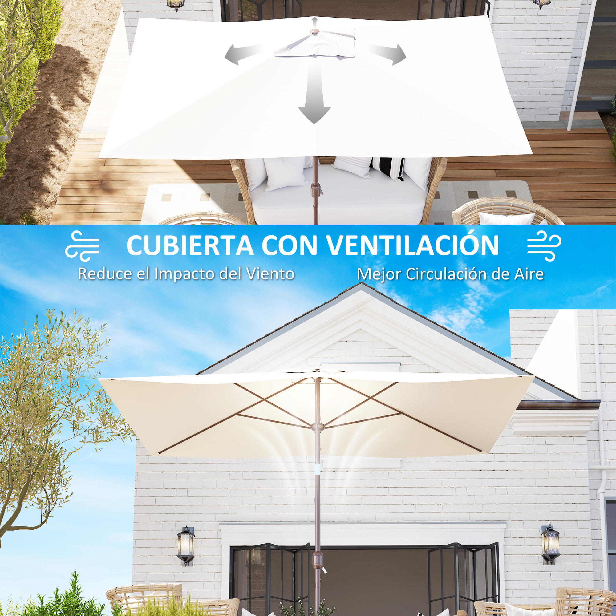 Toldo de Recambio de Sombrilla de 3x2 m Toldo de Repuesto para Sombrilla de Patio con Ventilación Superior Protección UV 50+ Cubierta de Repuesto para Parasol para Exteriores Beige