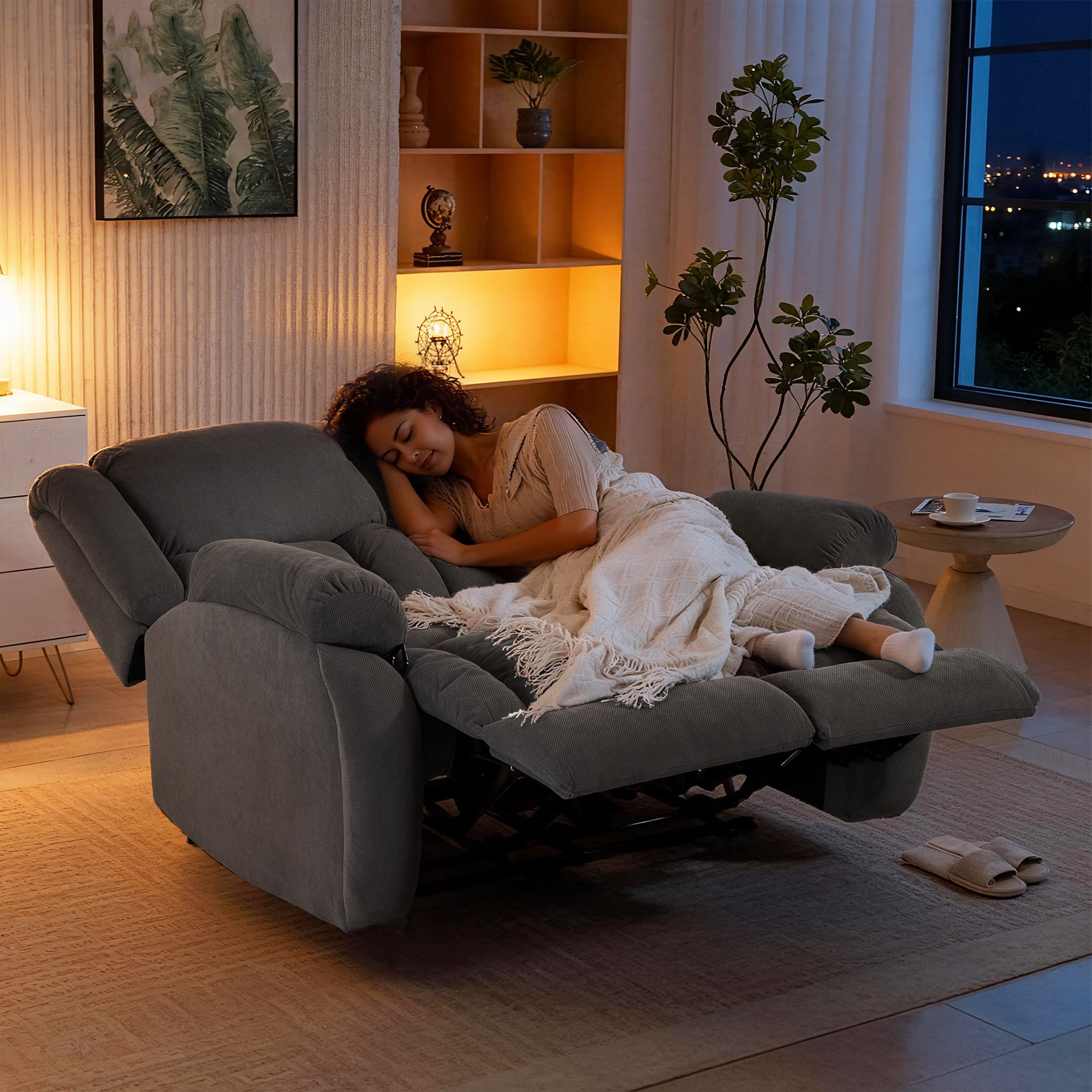 Sillón 2 Plazas Relax Reclinable Manual, Ajuste Separado, Sillón Relax Tapizado en Terciopelo, Reposapiés Ajustable, Asiento Amplio, Muelles, Acolchado Grueso, Sofá Reclinable hasta 135Âº, Gris