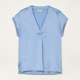 Oltre - T-shirt bimaterica scollo a V - Azzurro