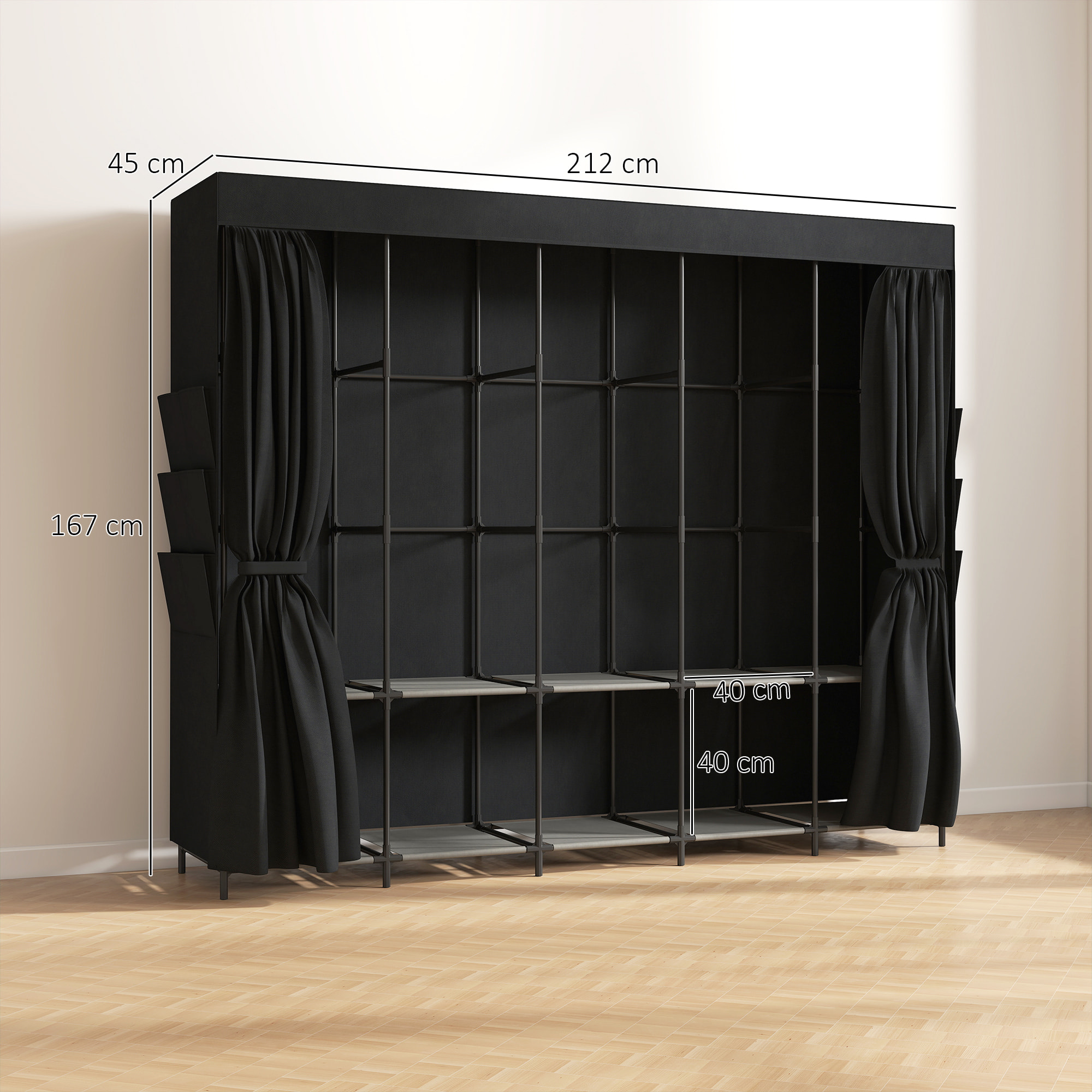 HOMCOM Armario de Tela, Armario Ropero con 5 Barras, 5 Estantes, 6 Bolsillos Laterales, Cremallera, Marco de Acero, para Dormitorio, Espacio Pequeño, 212x45x167 cm, Gris
