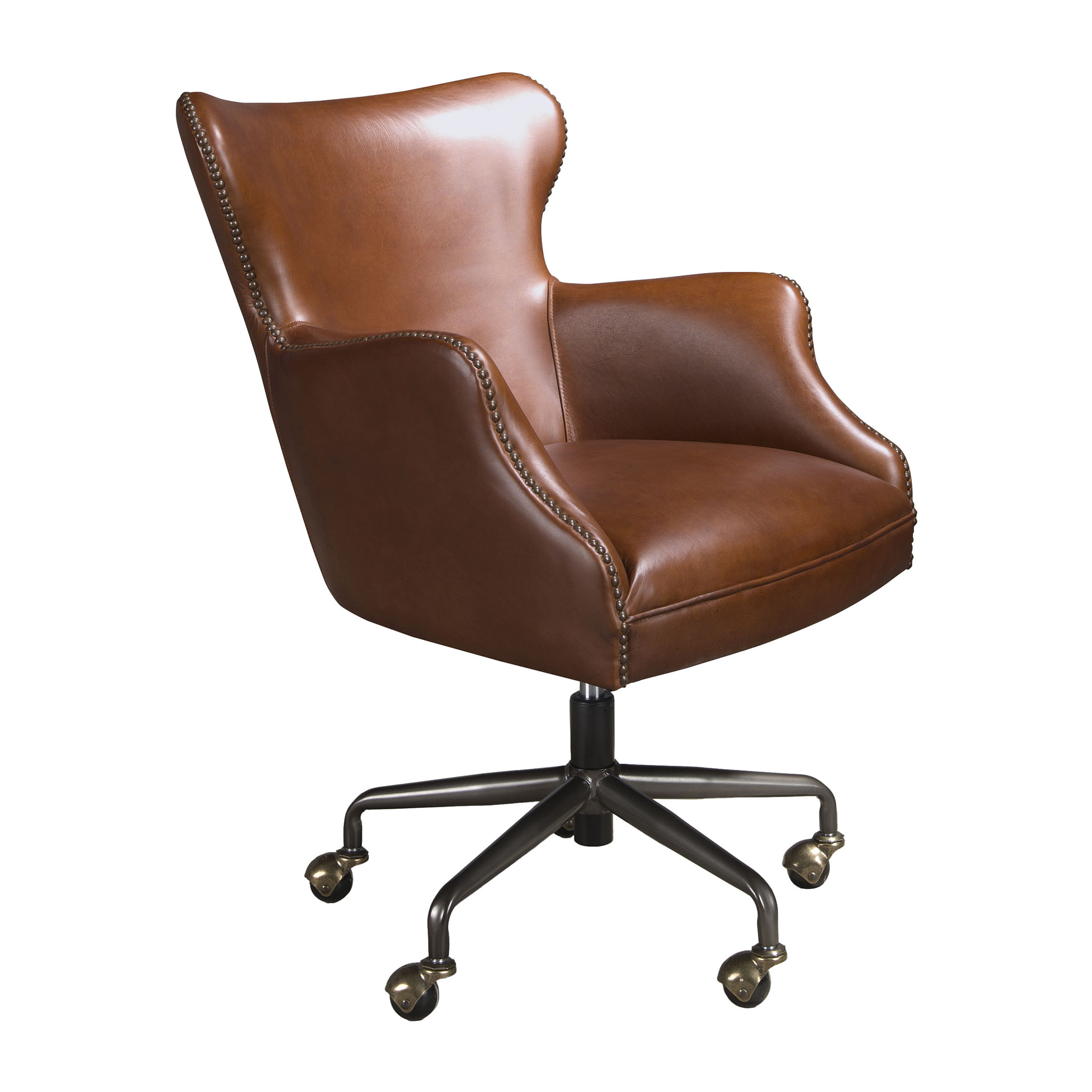 Sillón giratorio con asiento y respaldo tapizado en piel de origen vacuno en marrón oscuro patas en acero inoxidable oscurecido 64x74x90cm