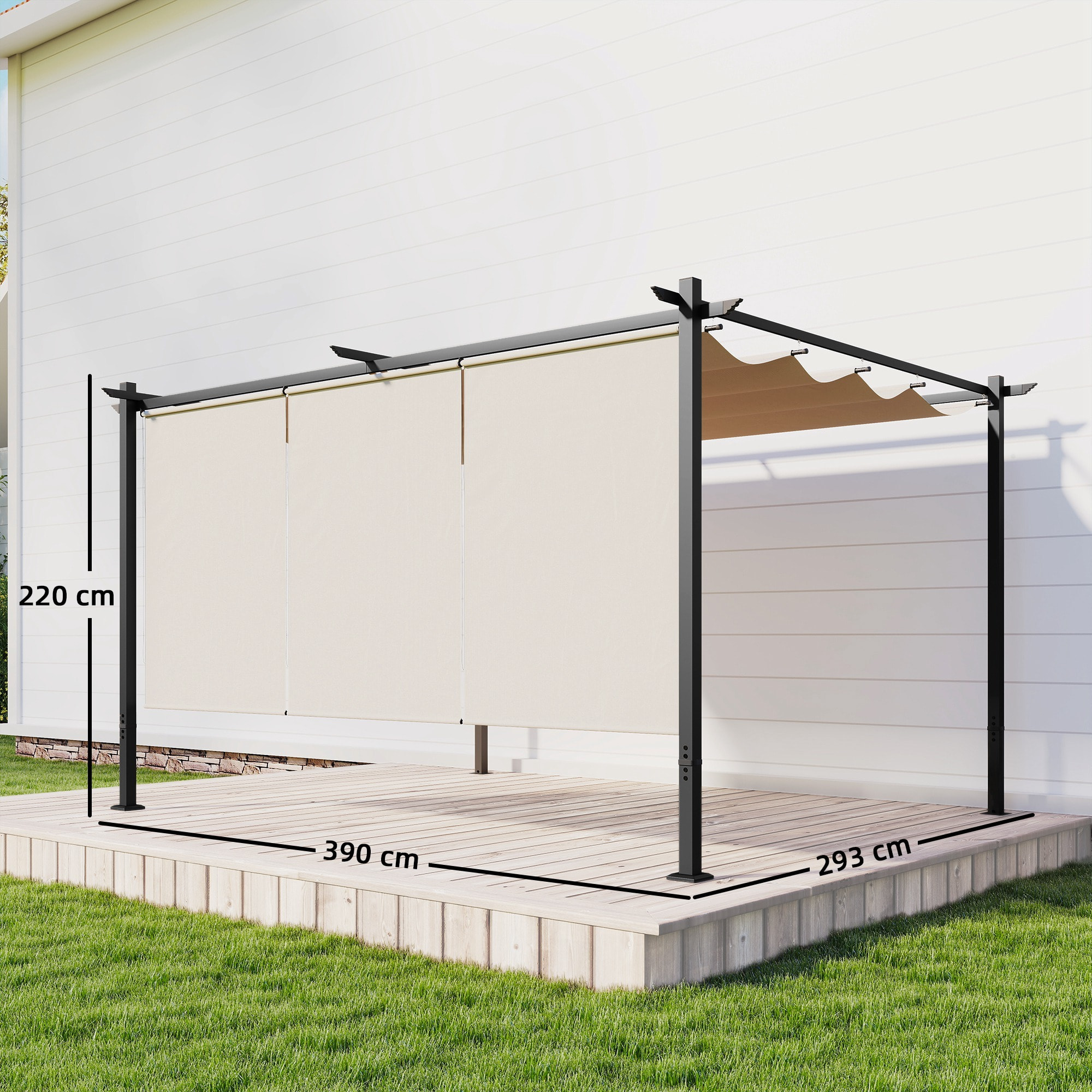 Pérgola de Jardín 4x3 m con Techo Retráctil y 3 Laterales Enrollables, Cenador de Jardín Montado en Pared o Independiente, con UPF30+, Estructura Metálica, Pabellón para Exterior, Beige