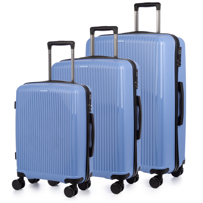 Set di 3 valigie Trolley, in materiale leggero PP resistente alla rottura. Chiusura TSA numerica, 4 ruote doppie girevoli a 360°.