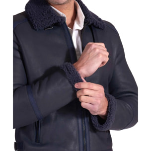 Montone blu Shearling biker uomo collo camicia con fibbia