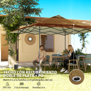 Carpa Plegable Pop-up Gazebo 4x4 m, Cenador Plegable con Bloqueo Central, UPF50+, Altura Ajustable, 4 Bolsas de Arena y Bolsa de Transporte con Ruedas, para Camping, Fiestas, Beige y Café