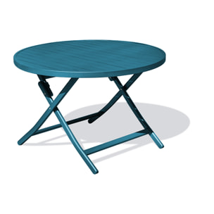 MARIUS - Table de jardin ronde pliante en aluminium bleu canard