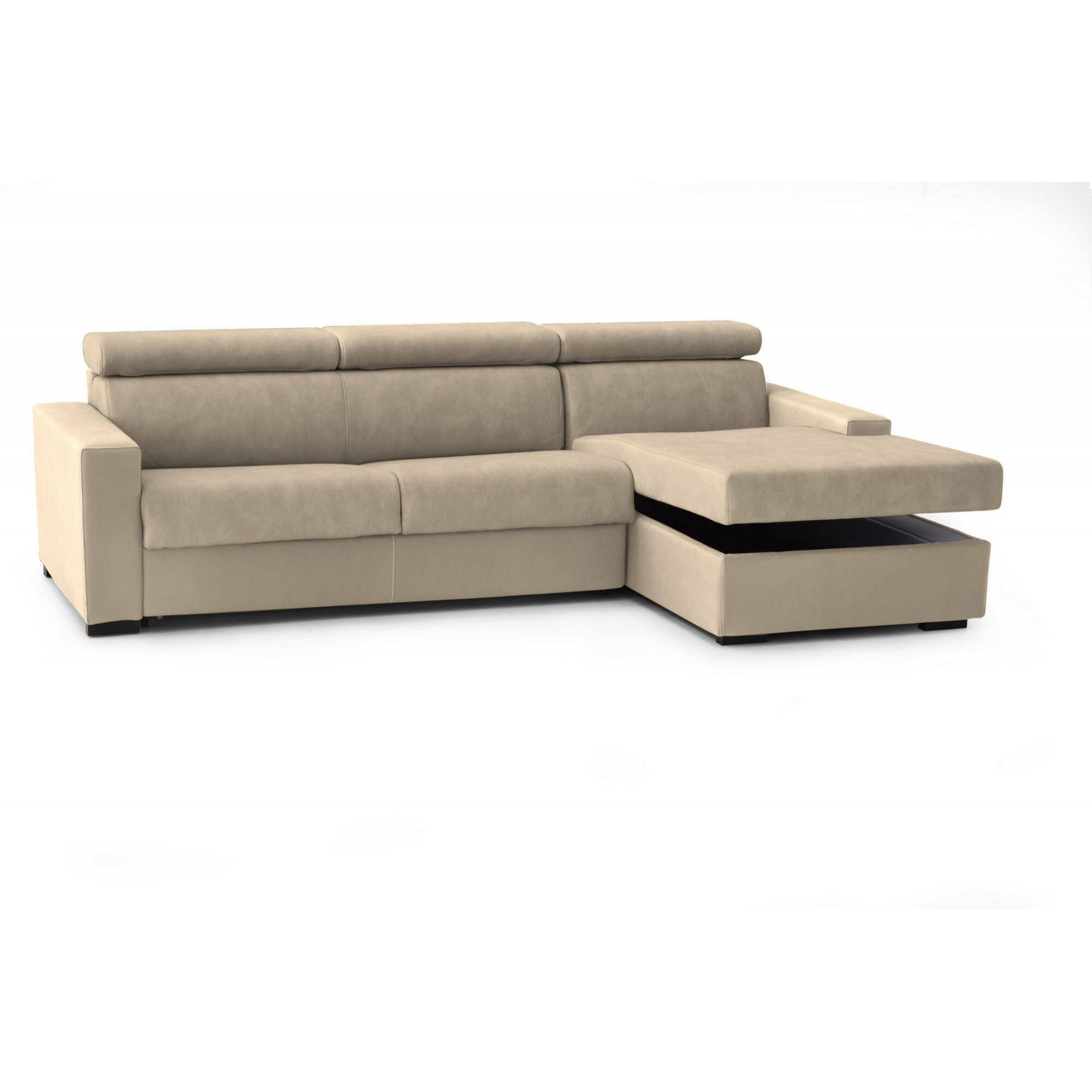 Divano Letto Alceste, Divano ad angolo, 100% Made in Italy, Sofà con apertura girevole, con Penisola contenitore Destra, con Braccioli slim, Cm 260x95h85, Beige