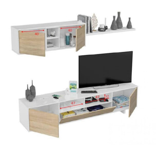 Parete attrezzata Hartford, Mobile da soggiorno porta TV, Composizione set salotto, Set salotto con pensile, cm 260x41h46, Bianco lucido e Rovere