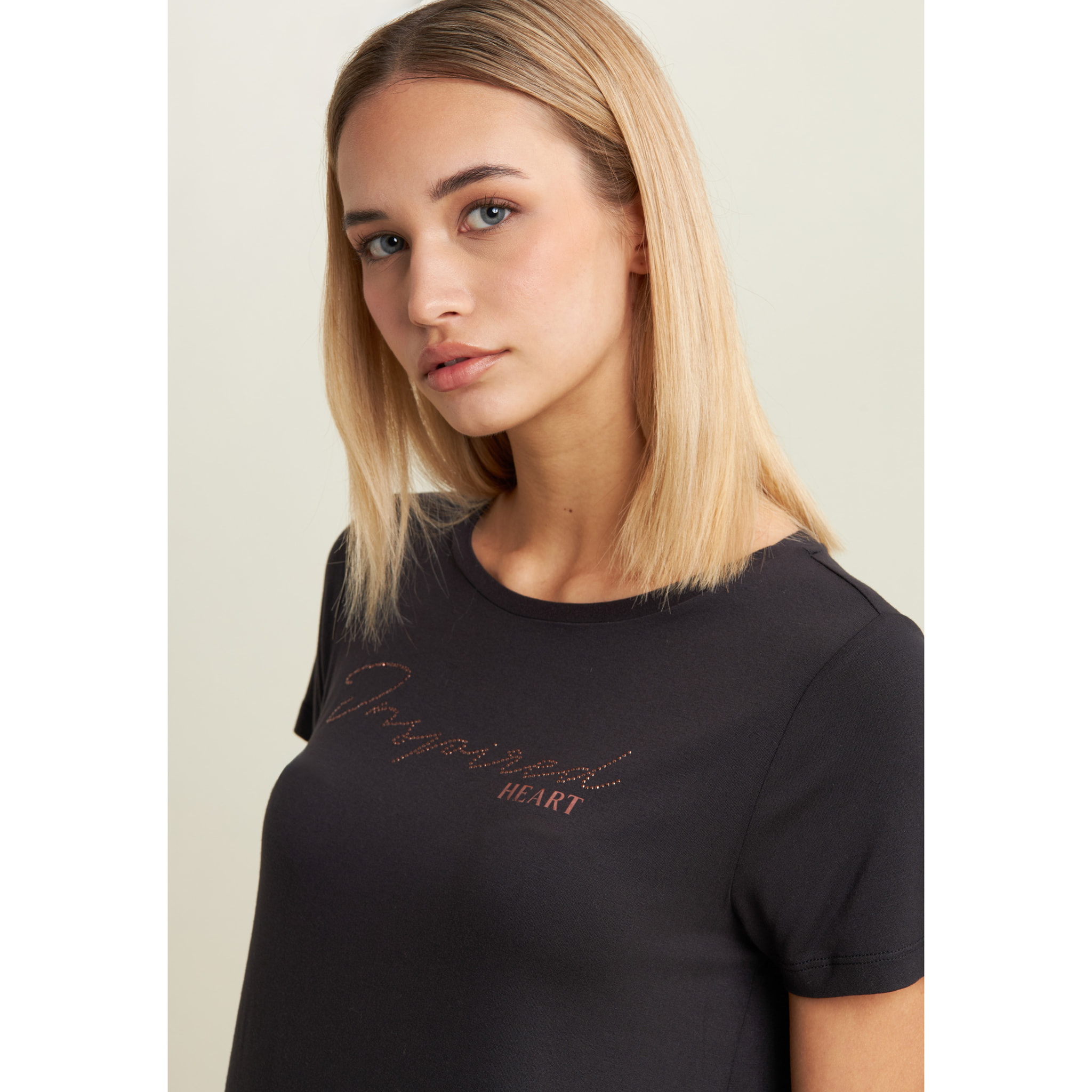 T-shirt donna con grafica in strass e logo sul fondo