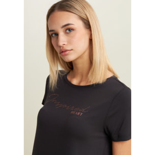 T-shirt donna con grafica in strass e logo sul fondo