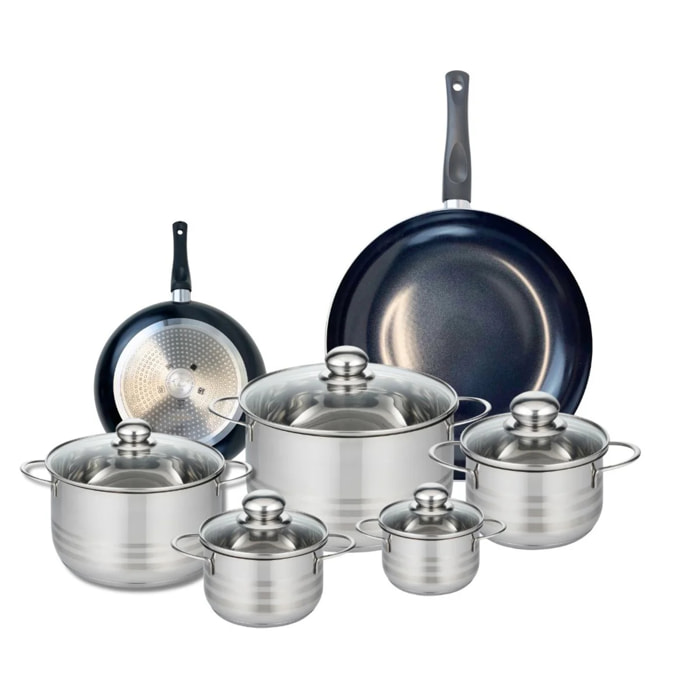Ensemble de 2 Poêles de cuisson 20 et 32 cm et 5 faitouts 12, 14, 16, 20 et 24 cm Elo Prima Brillant