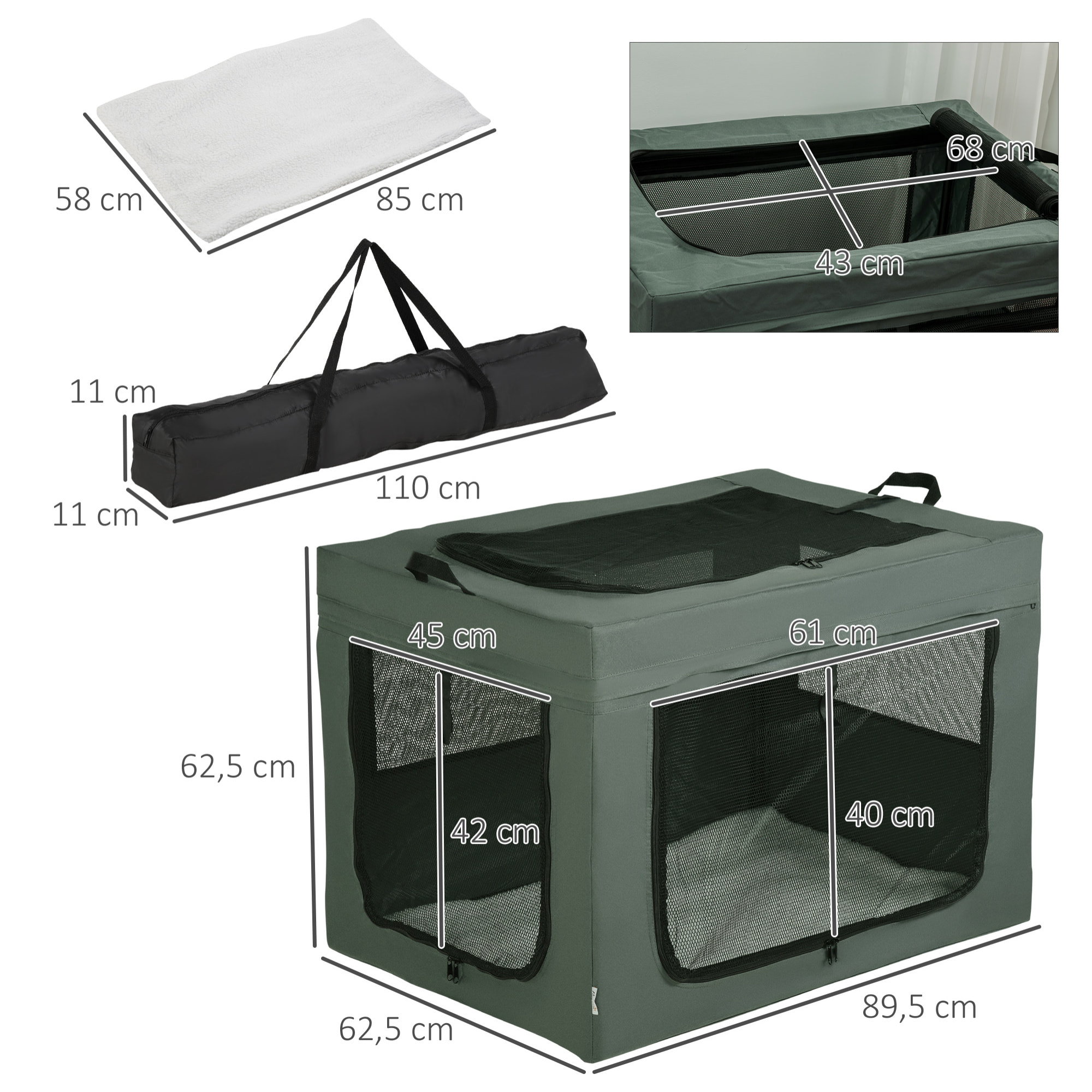 Sac de transport pliable pour chien chat - 2 poignées, 3 portes - dim. 89L x 62l x 62H cm - acier polyester gris